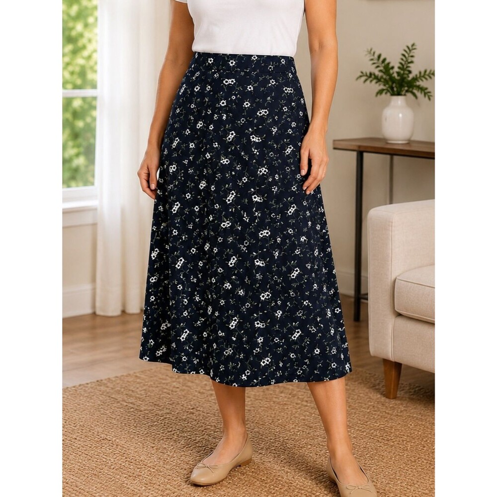 Midi Skirt L Navy Floral A-Line Elastic Back Waist Boho Cottagecore Modest